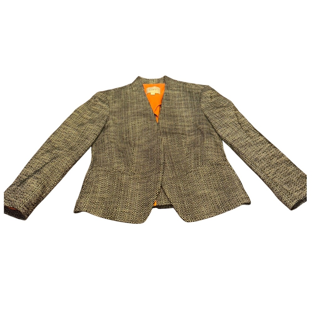 Ann Taylor LOFT Tweed Blazer Jacket Women Sz 2 Black Ivory Orange Lined Chic Mod